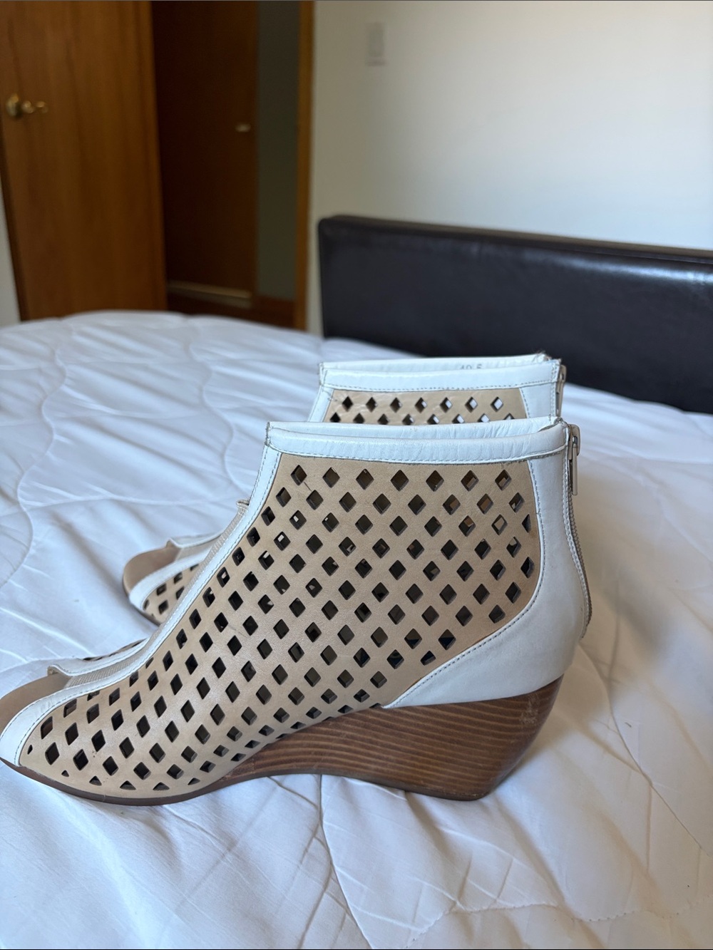 Leather Perforated Peep-Toe Ankle Booties with Back Zip and elastic front band